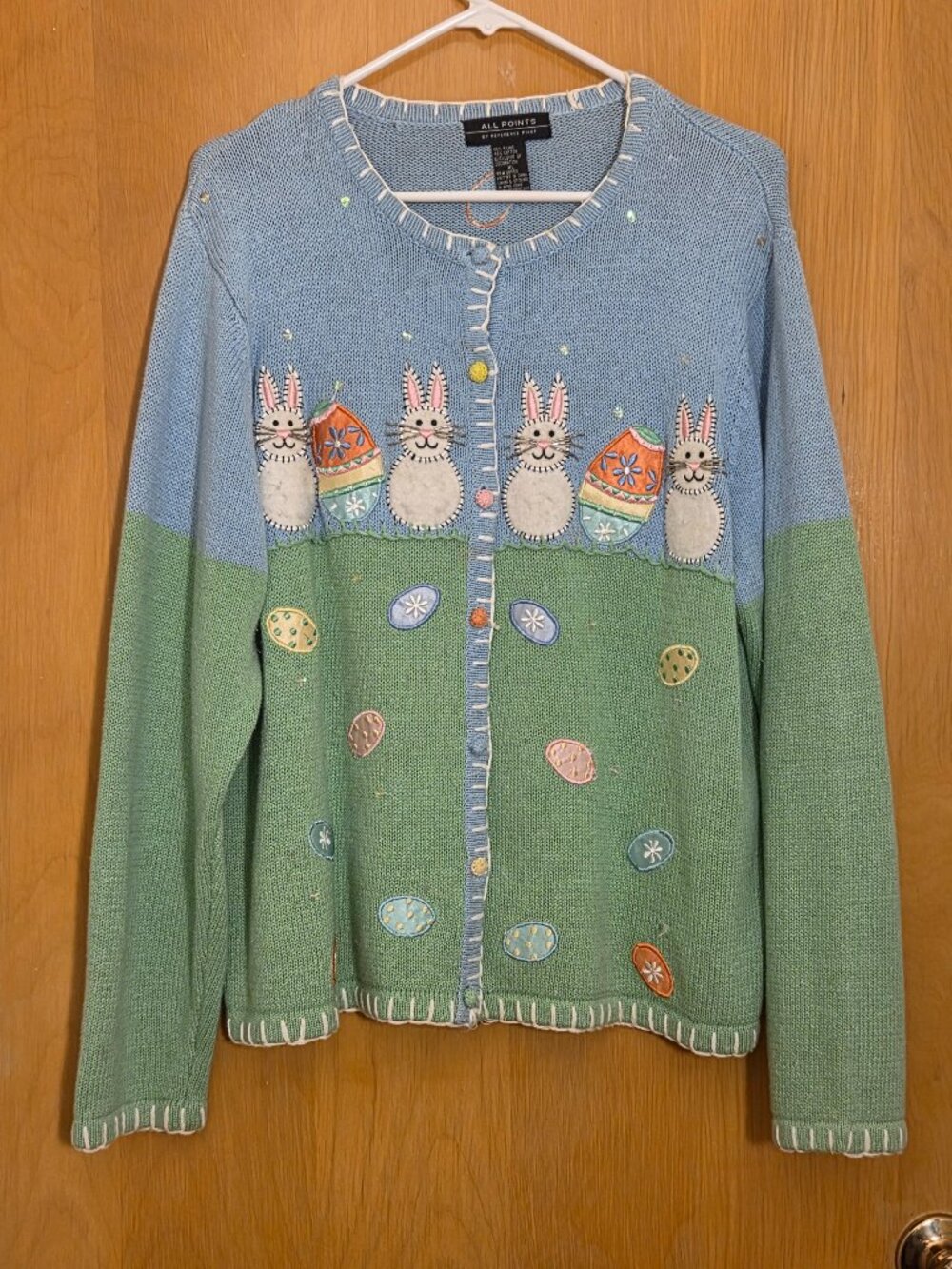 Vintage All Points Button Up Cardigan Novelty Sweater Easter Size XL Embroidery